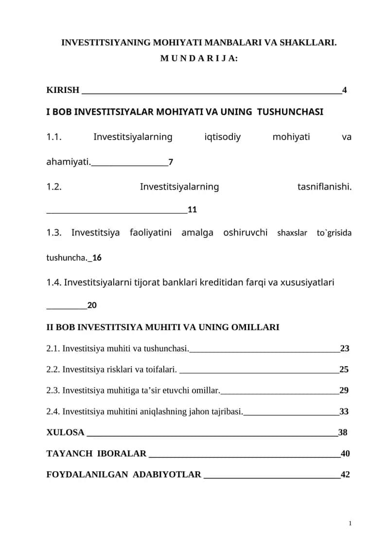 INVESTITSIYANING MOHIYATI MANBALARI VA SHAKLLARI 1