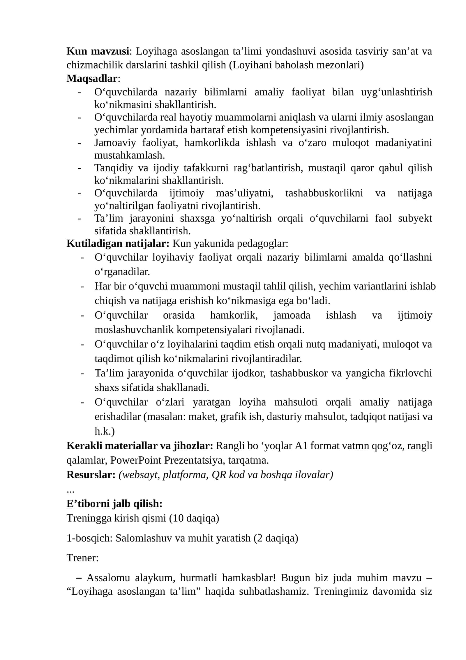Loyihaga asoslangan ta’limi yondashuvi asosida tasviriy san’at va chizmachilik darslarini tashkil qilish (Loyihani baholash mezonlari) 1