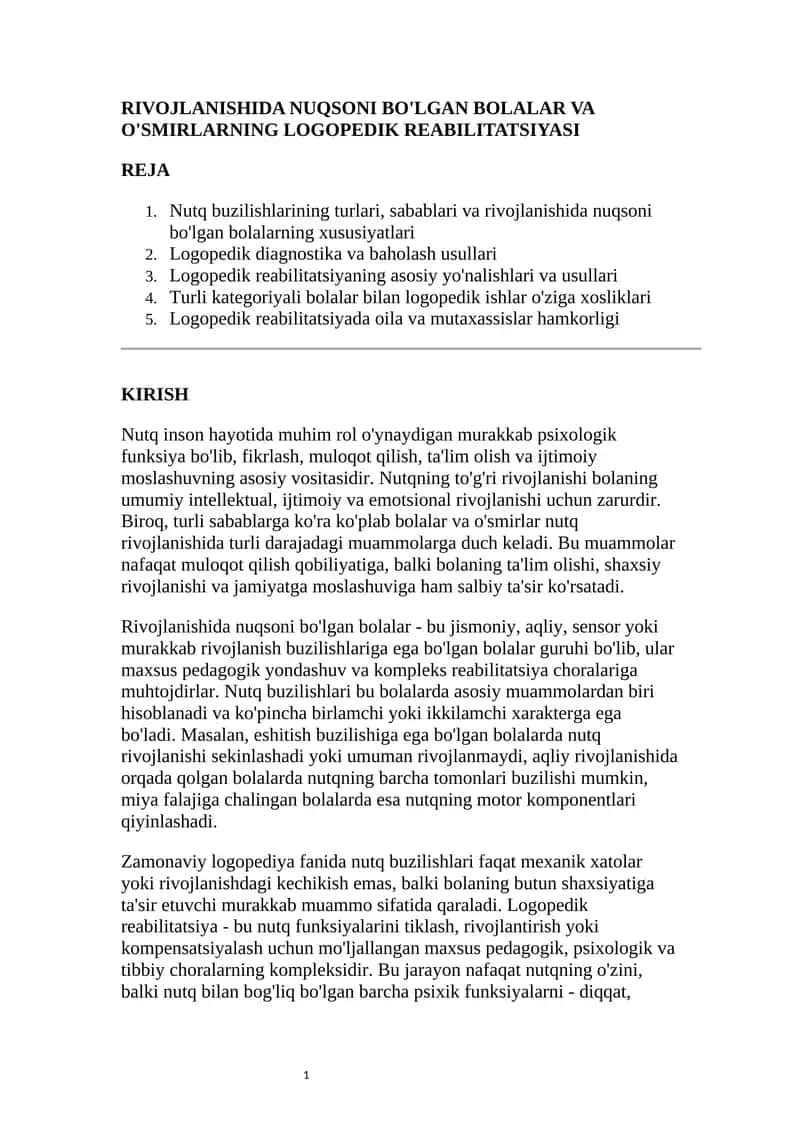 Rivojlanishida nuqsoni bo'lgan bolalar va o'smirlarning logopedik reabilitatsiyasi 1