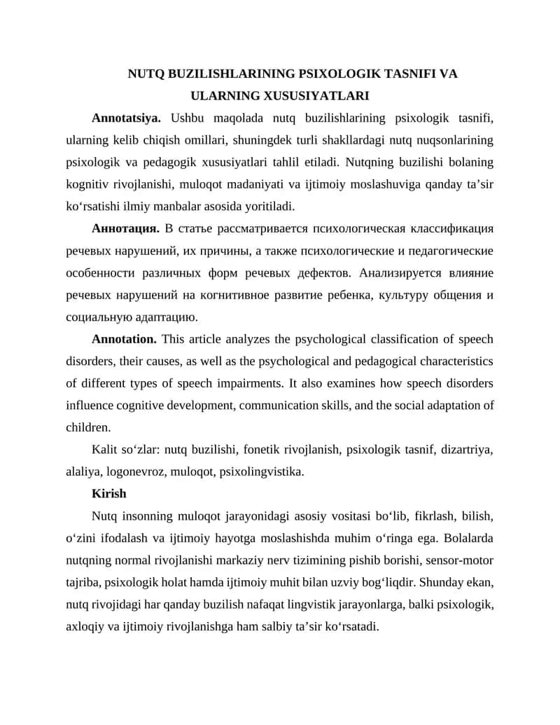 NUTQ BUZILISHLARINING PSIXOLOGIK TASNIFI VA ULARNING XUSUSIYATLARI 1