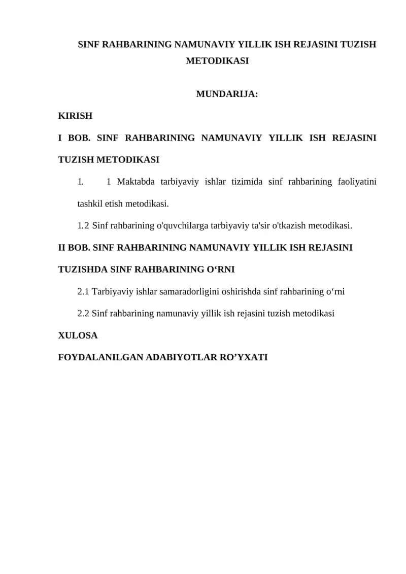 SINF RAHBARINING NAMUNAVIY YILLIK ISH REJASINI TUZISH METODIKASI 1