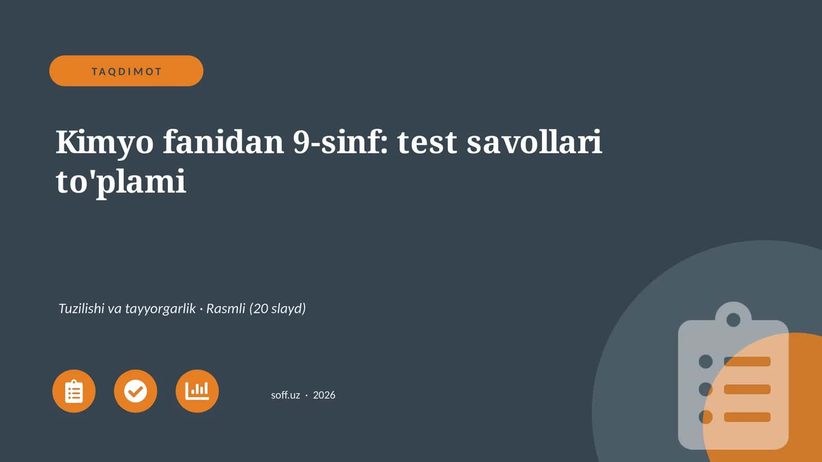Kimyo fanidan 9-sinf: test savollari to'plami 1