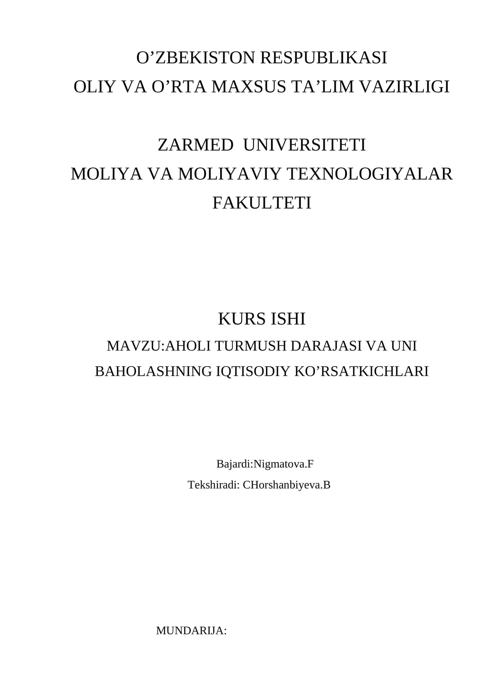 Aholi turmush darajasi va uni baholashning iqtisodiy ko'rsatkichlari 1
