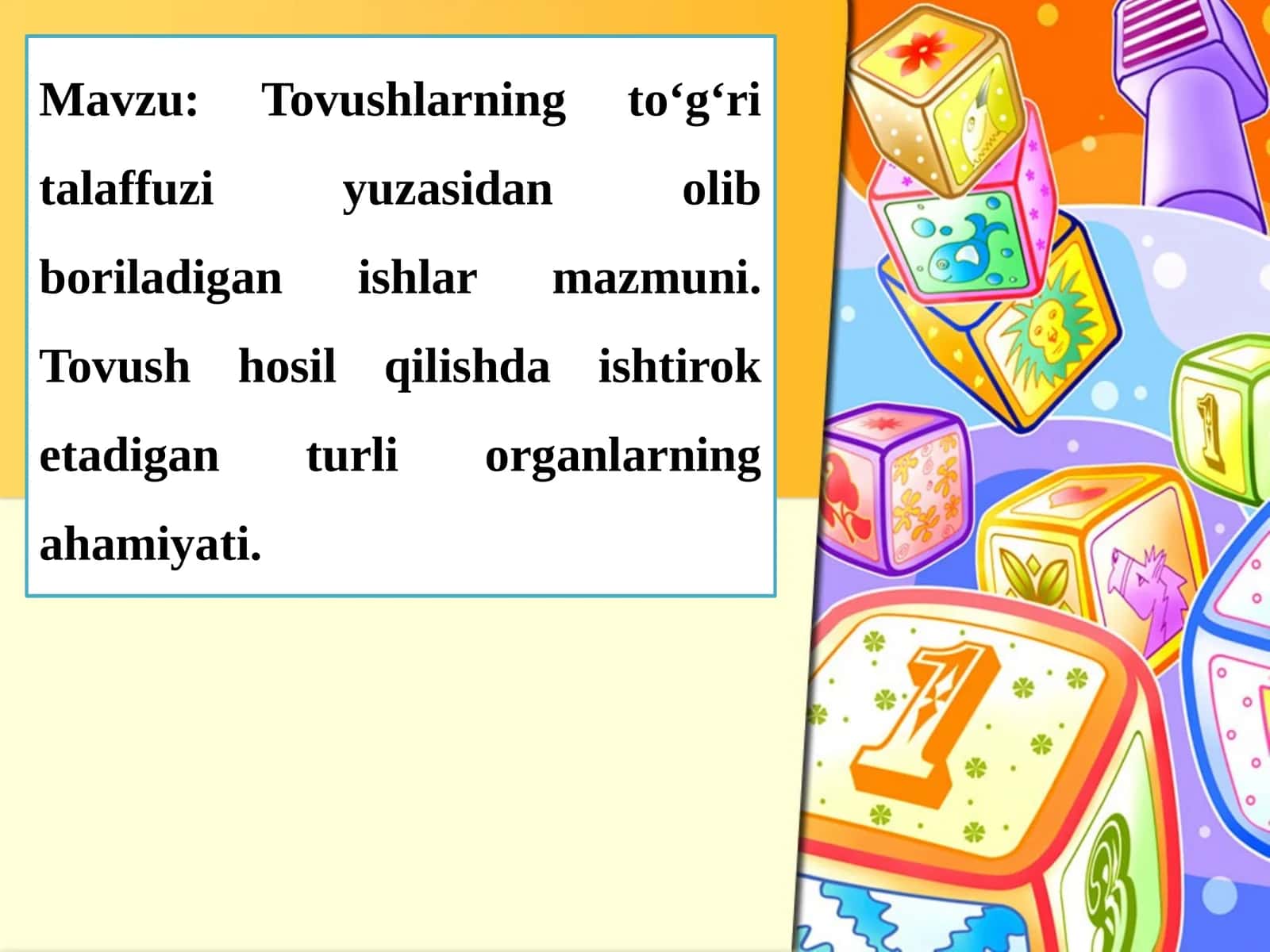 Tovushlarning to‘g‘ri talaffuziyuzasidanolibboriladigan ishlar mazmuni. Tovush hosil qilishda ishtiroketadiganturli organlarning ahamiyati 1