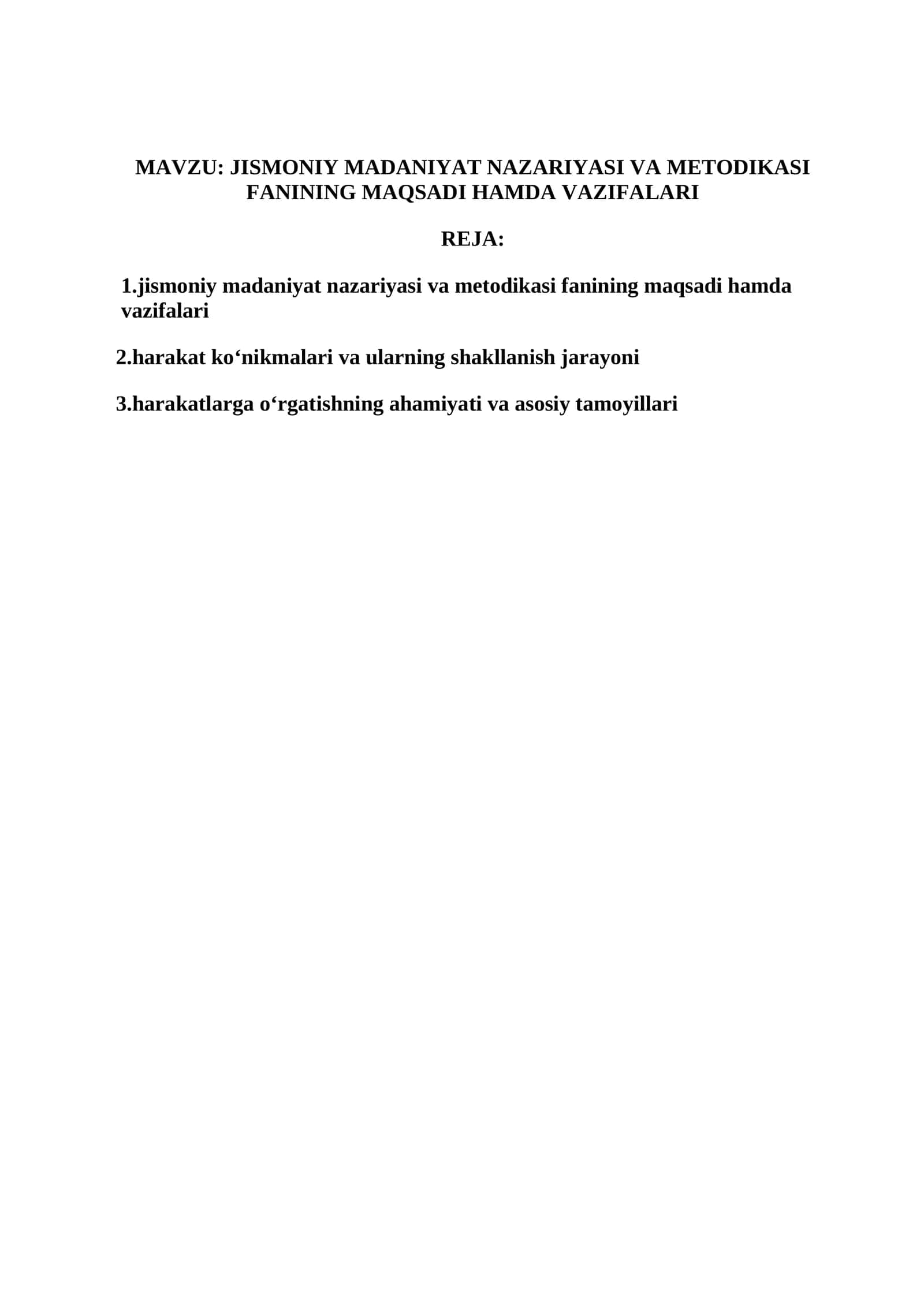 JISMONIY MADANIYAT NAZARIYASI VA METODIKASI FANINING MAQSADI HAMDA VAZIFALARI 1