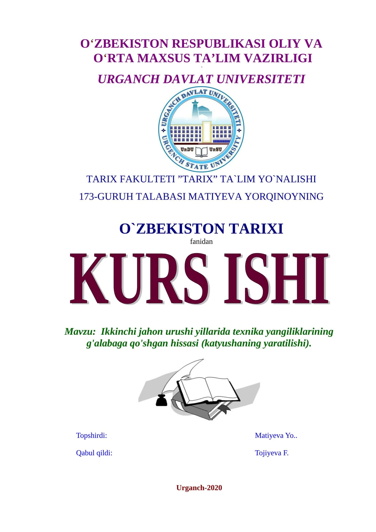 Ikkinchi jahon urushi yillarida texnika yangiliklarining g'alabaga qo'shgan hissasi (katyushaning yaratilishi) 1