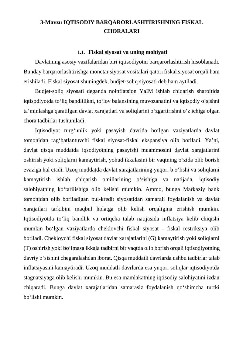 IQTISODIY BARQARORLASHTIRISHNING FISKAL CHORALARI 1