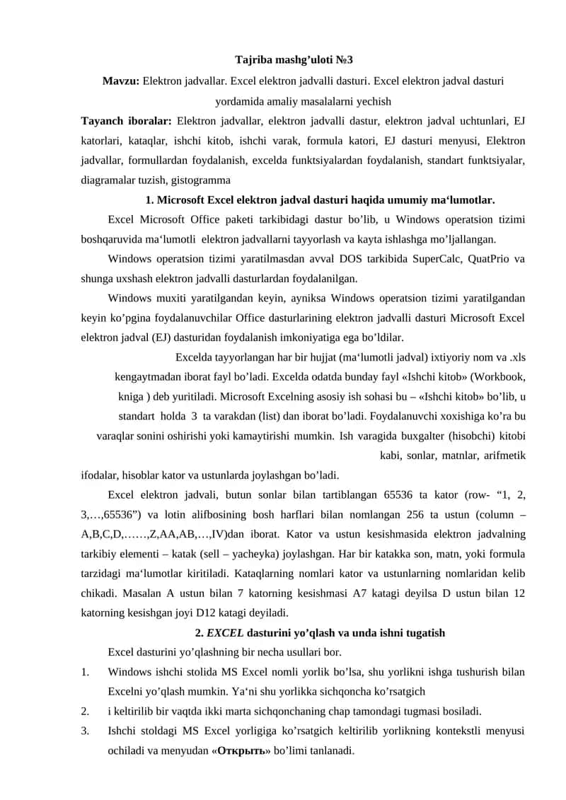 Elektron jadvallar. Excel elektron jadvalli dasturi. Excel elektron jadval dasturi yordamida amaliy masalalarni yechish 1