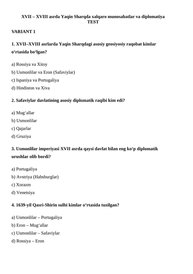 XVII – XVIII asrda Yaqin Sharqda xalqaro munosabatlar va diplomatiya 1