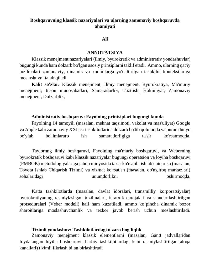 Klassik menejment nazariyalari (ilmiy, byurokratik va administrativ yondashuvlar) 1