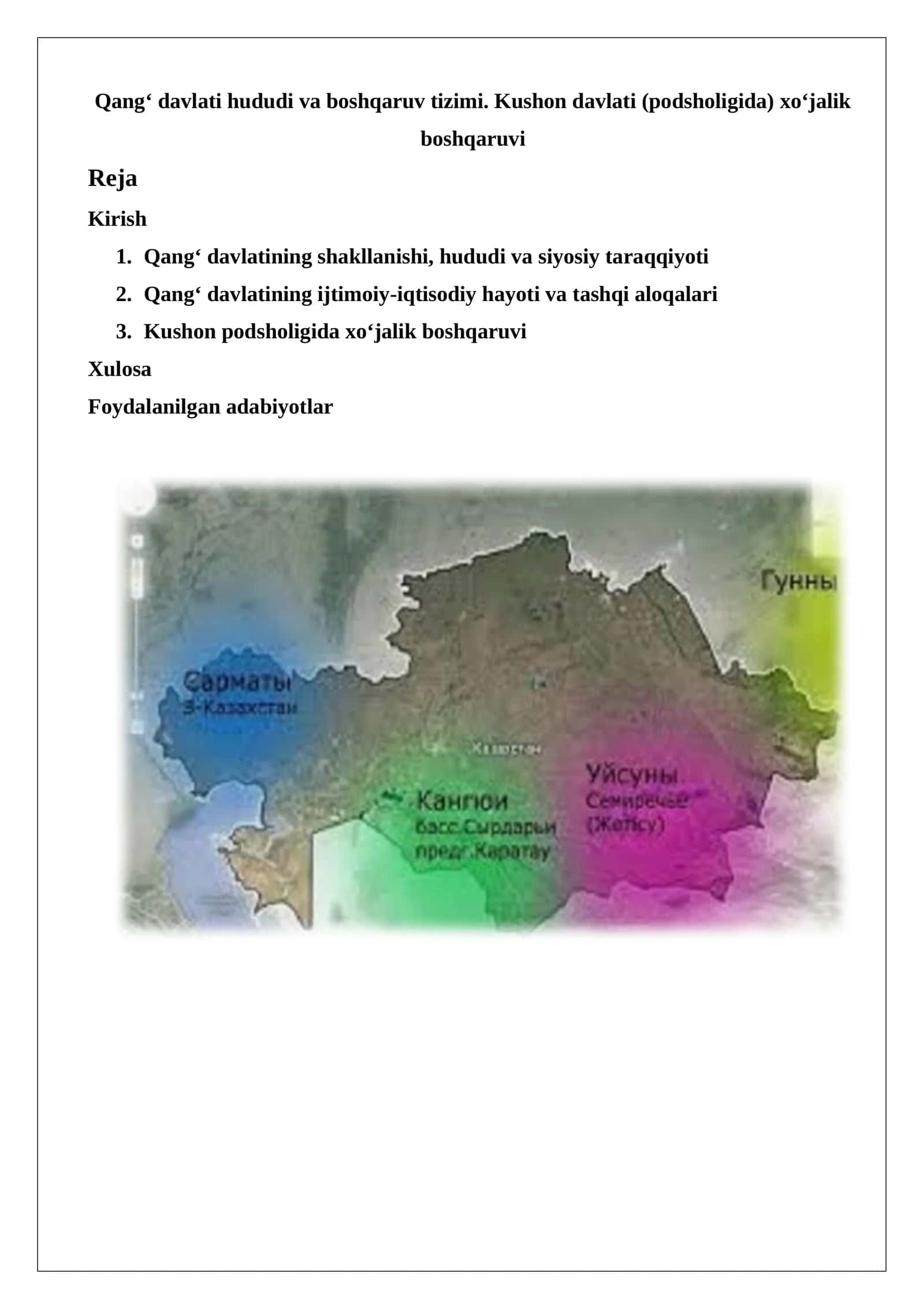 Qang‘ davlati hududi va boshqaruv tizimi. Kushon davlati (podsholigida) xo‘jalik bos 1