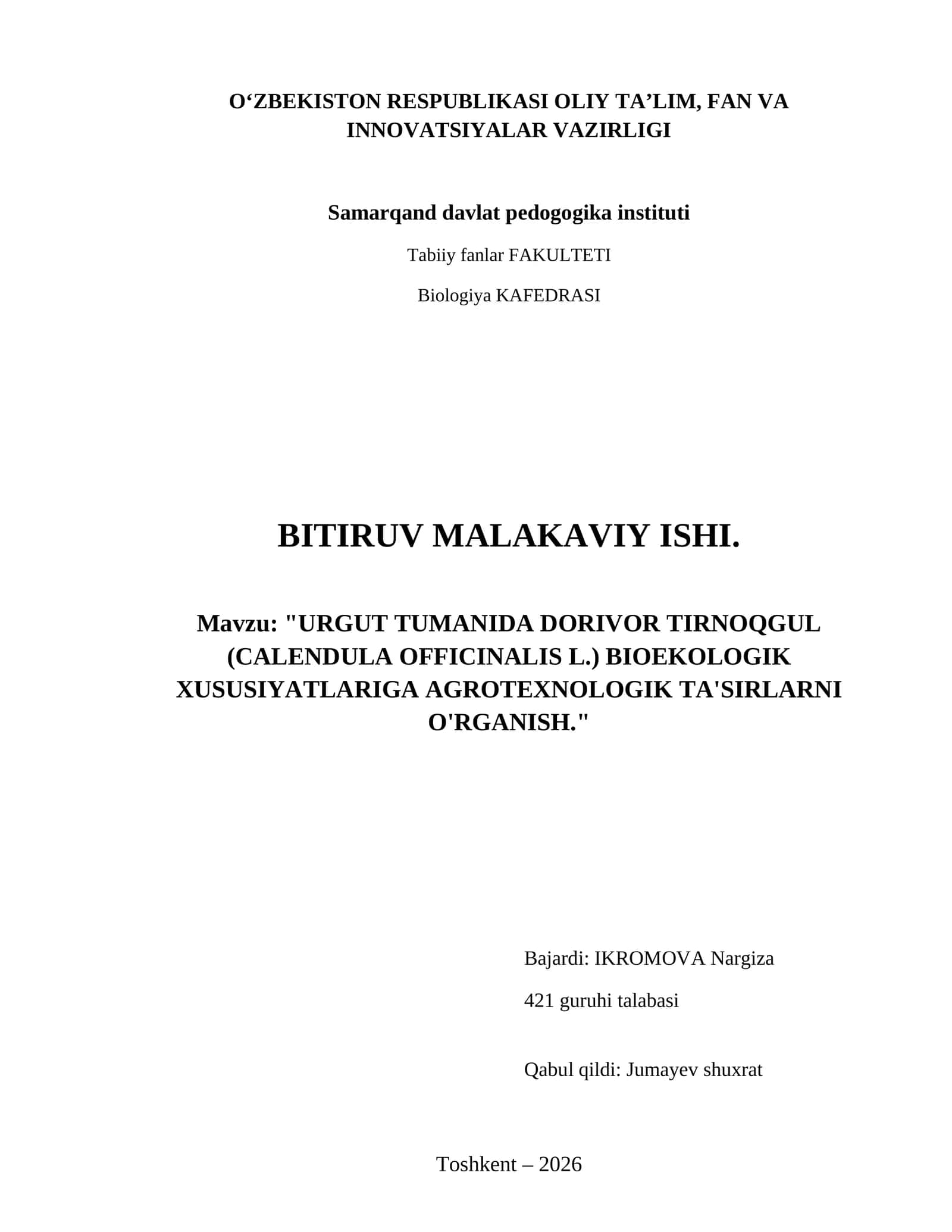 Urgut Tumanida dorivor tirnoqgul (Calendula officinalis L.) Bioekologik xususiyatlariga agrotexnologik ta'sirlarni o'rganish. 1