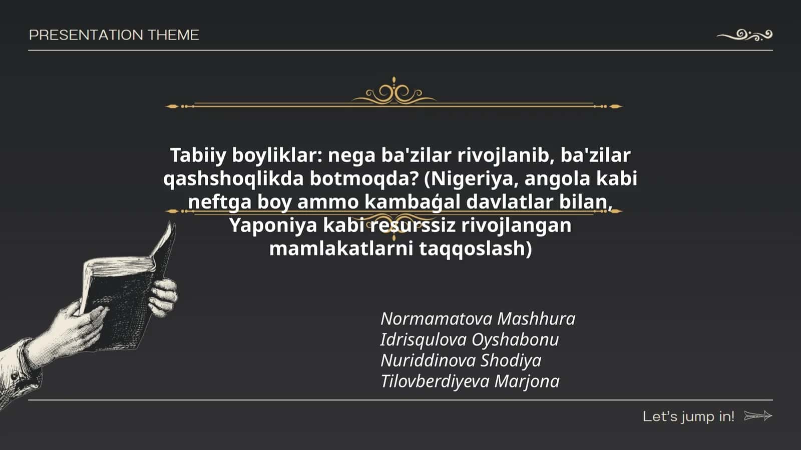 Tabiiy boyliklar: nega ba'zilar rivojlanib, ba'zilar qashshoqlikda botmoqda? (Nigeriya, angola kabi neftga boy ammo kambaģal davlatlar bilan, Yaponiya kabi resurssiz rivojlangan mamlakatlarni taqqoslash) 1