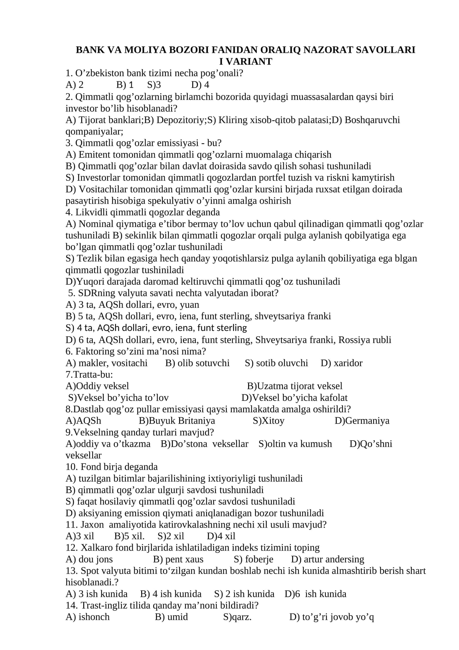 BANK VA MOLIYA BOZORI FANIDAN ORALIQ NAZORAT SAVOLLARI 1