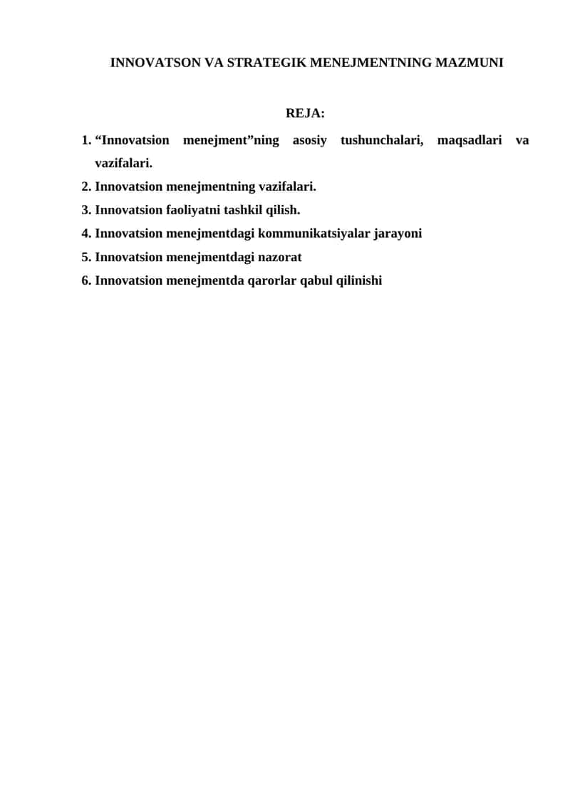 INNOVATSON VA STRATEGIK MENEJMENTNING MAZMUNI 1