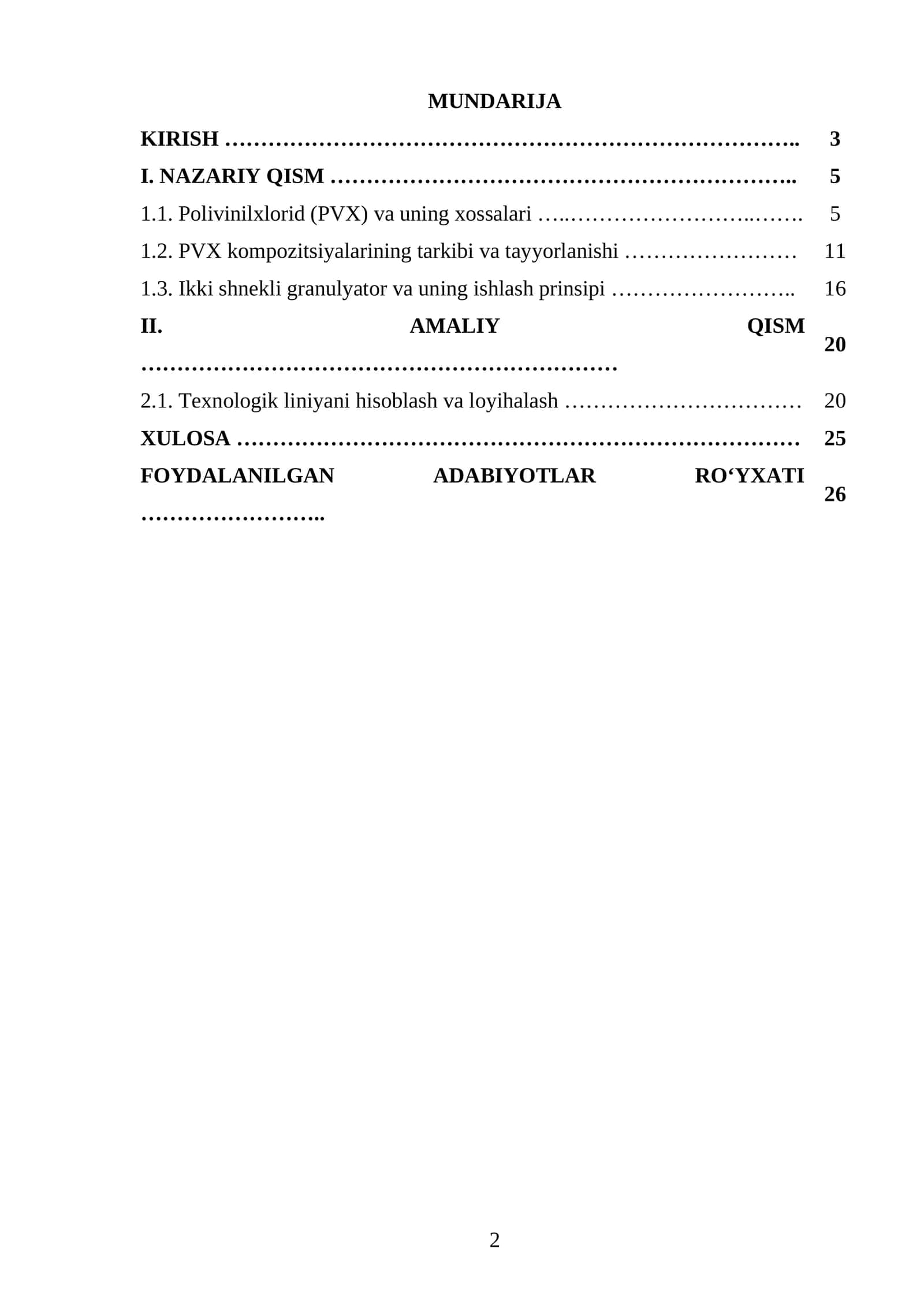 PVX kompozitsiyadan ish unumdorligi 950 kg/soat boʻlgan granula ishlab chiqaradigan ikki shnekli granulyator liniyasini loyihalash 1