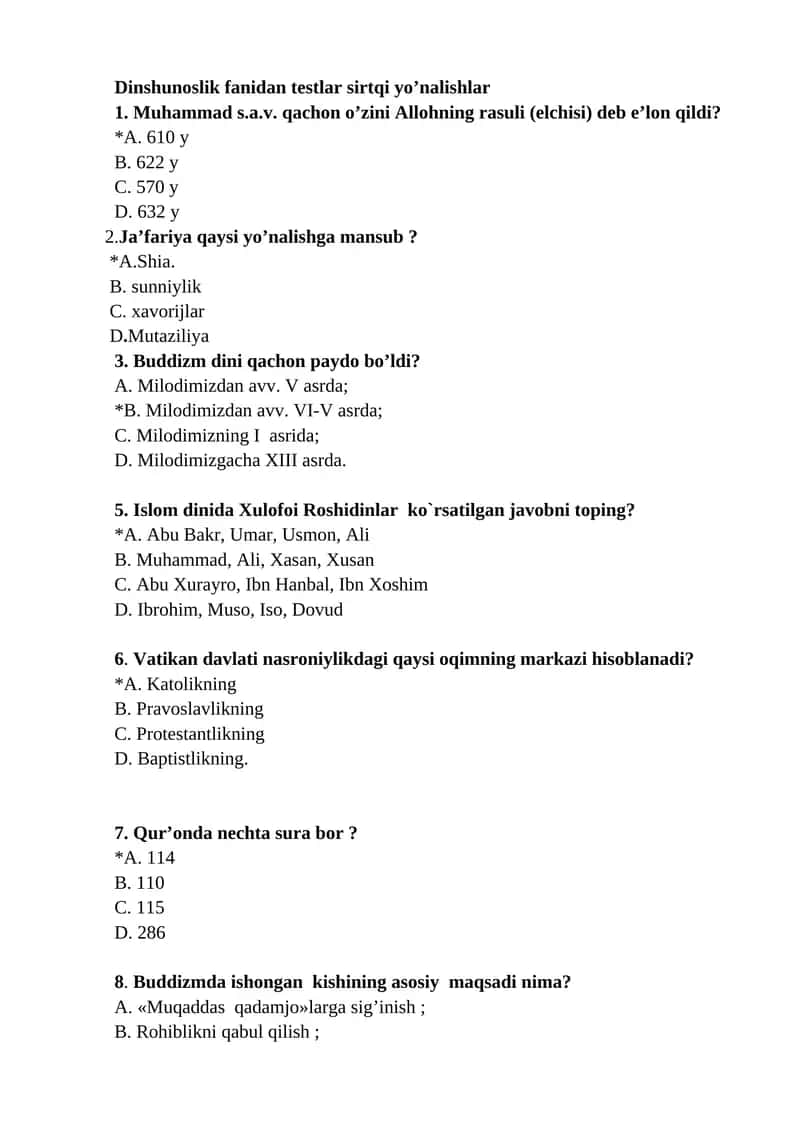 Dinshunoslik 100 ta test javoblari. 1