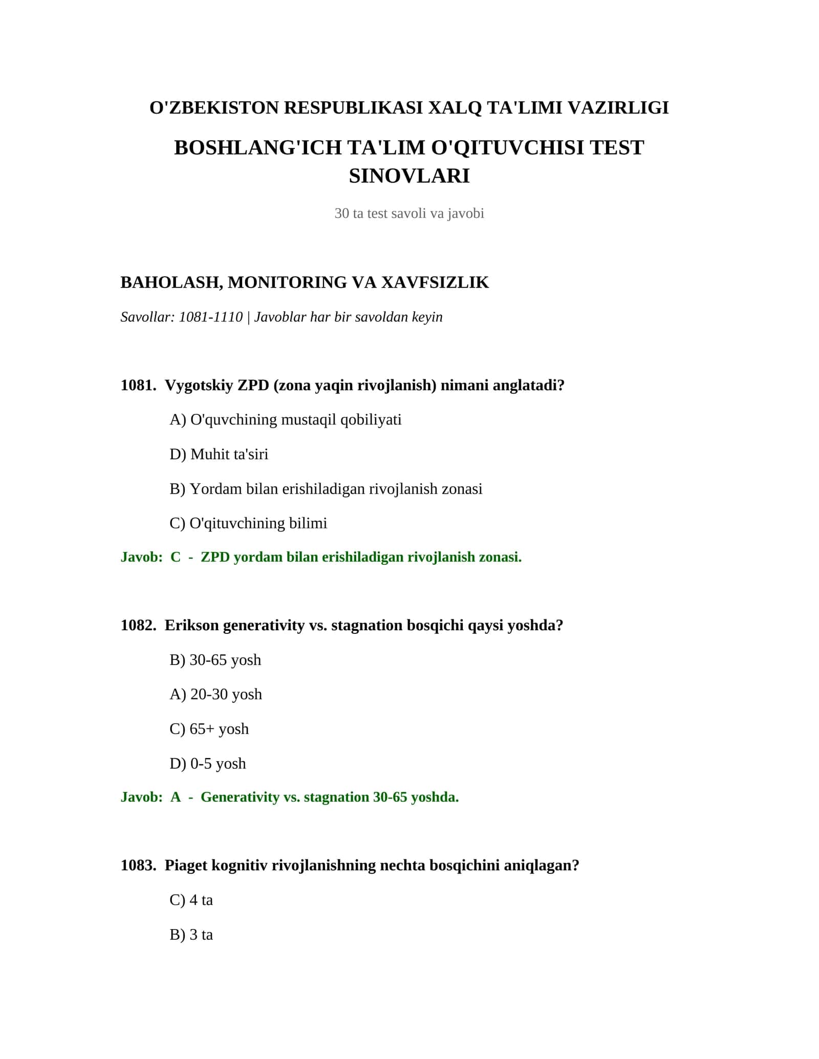 BOSHLANG'ICH TA'LIM O'QITUVCHISI TEST SINOVLARI 1