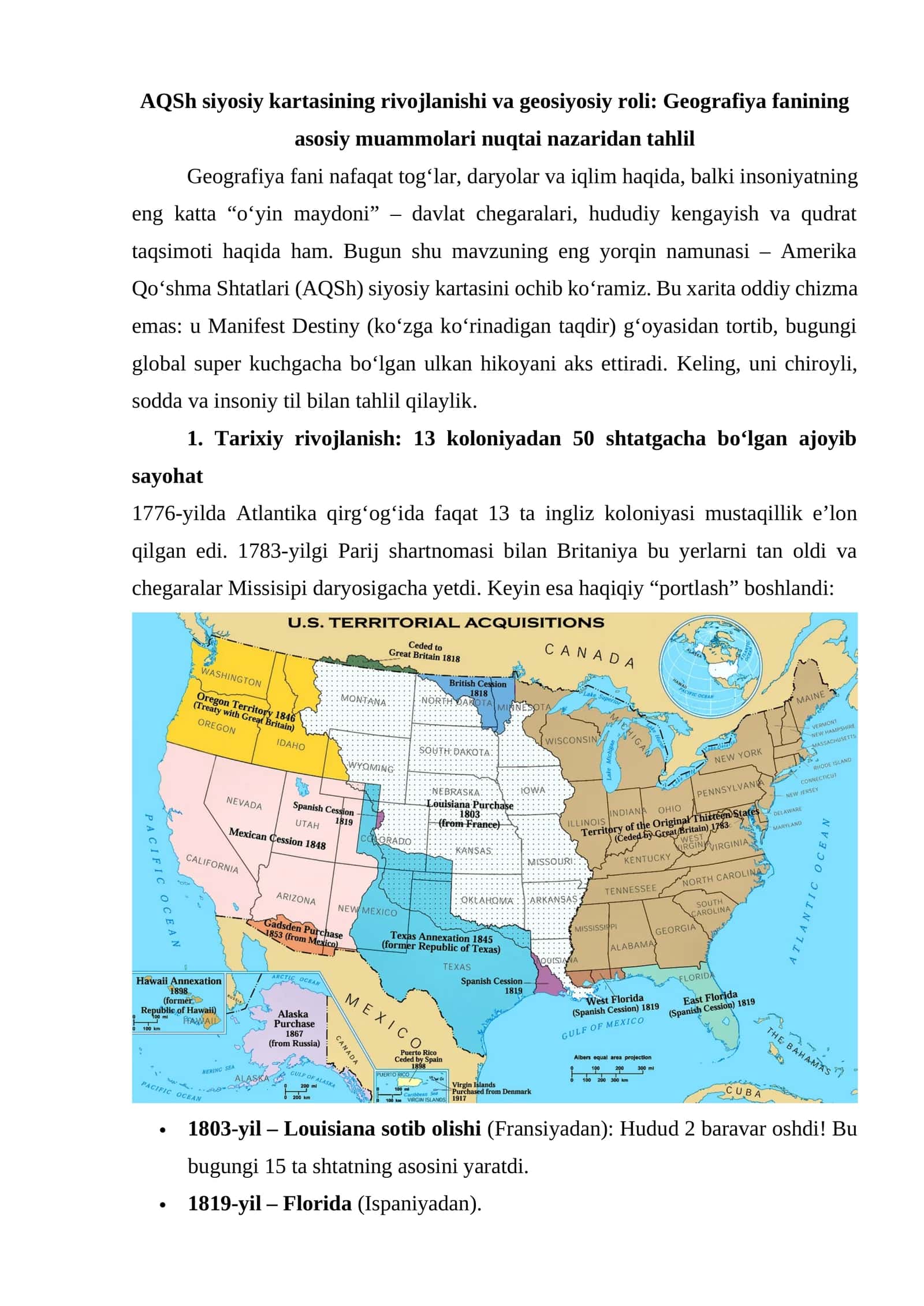 AQSh siyosiy kartasining rivojlanishi va geosiyosiy roli: Geografiya fanining asosiy muammolari nuqtai nazaridan tahlil 1