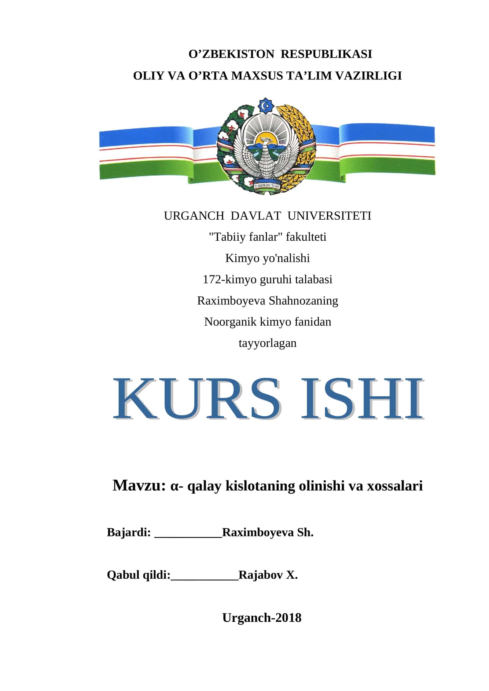 α- qalay kislotaning olinishi va xossalari 1