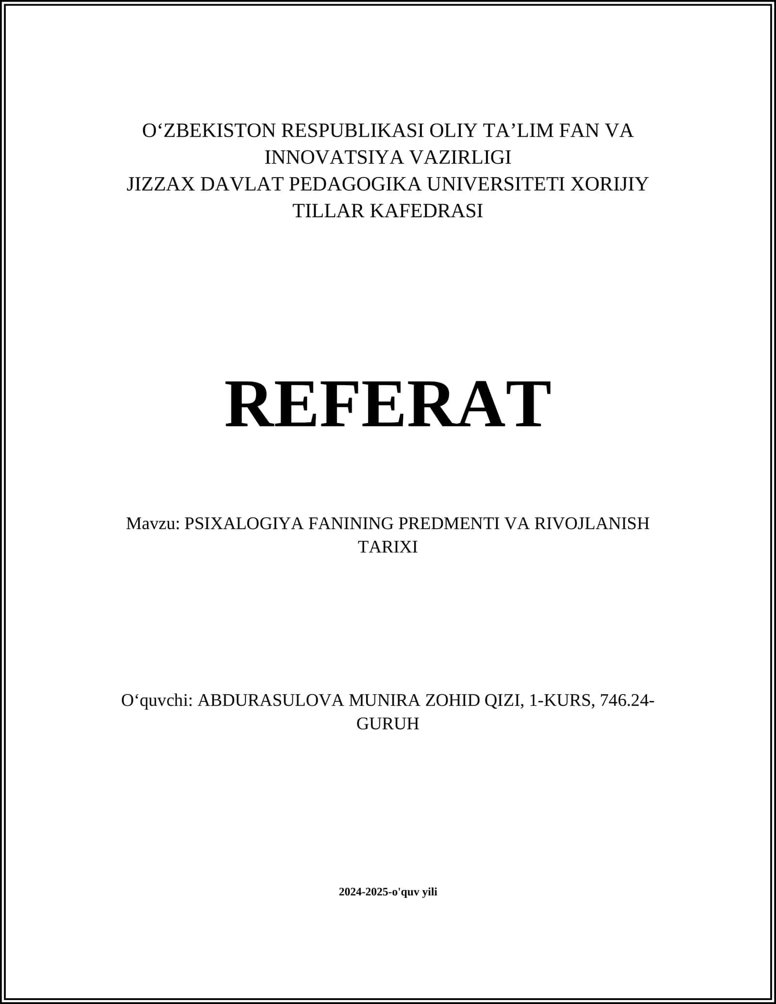 PSIXALOGIYA FANINING PREDMENTI VA RIVOJLANISH TARIXI 1