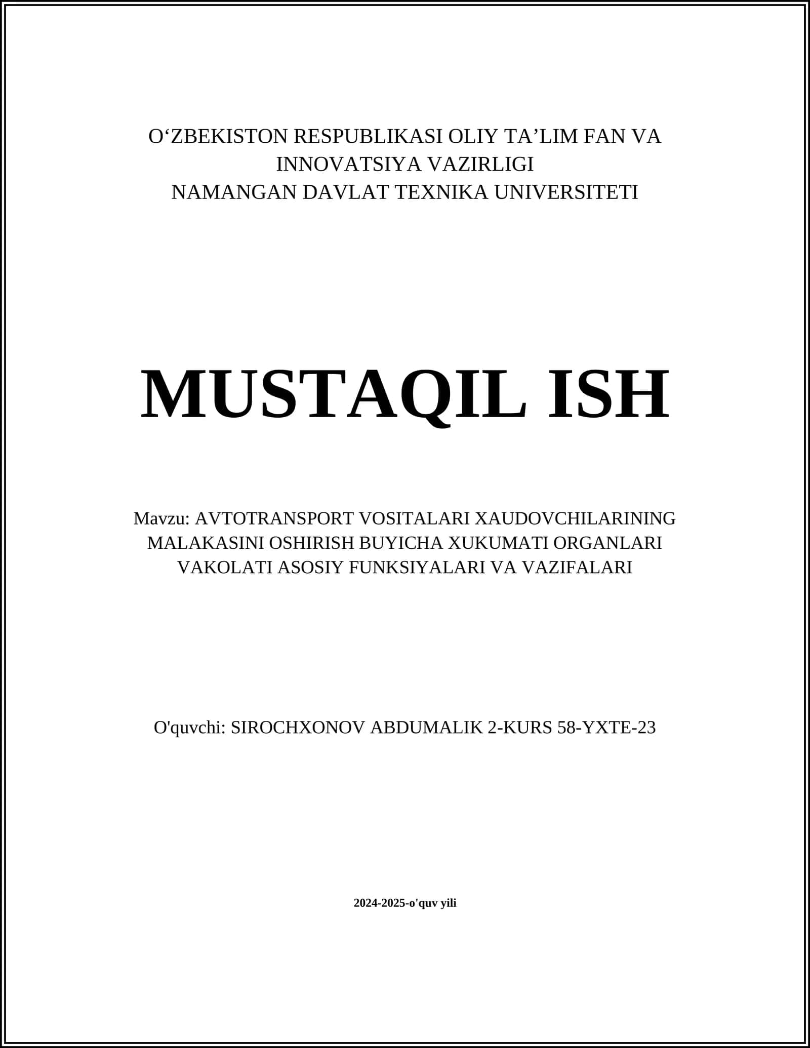 AVTOTRANSPORT VOSITALARI XAUDOVCHILARINING MALAKASINI OSHIRISH BUYICHA XUKUMATI ORGANLARI VAKOLATI ASOSIY FUNKSIYALARI VA VAZIFALARI 1