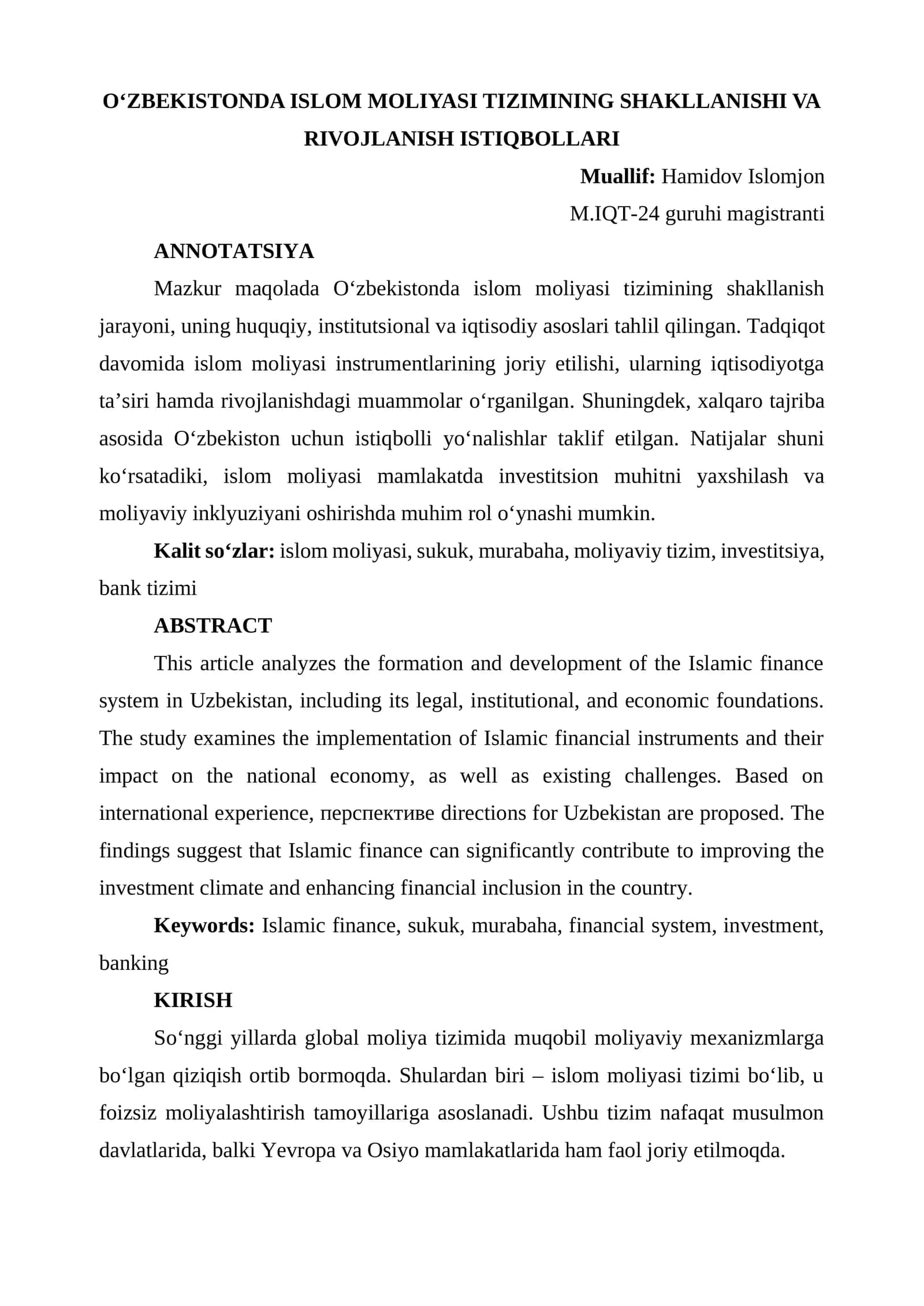 O‘ZBEKISTONDA ISLOM MOLIYASI TIZIMINING SHAKLLANISHI VA RIVOJLANISH ISTIQBOLLARI 1