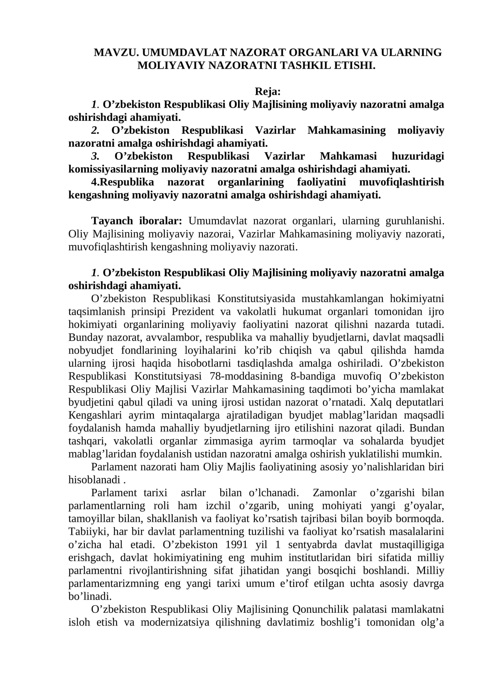 UMUMDAVLAT NAZORAT ORGANLARI VA ULARNING MOLIYAVIY NAZORATNI TASHKIL ETISHI 1