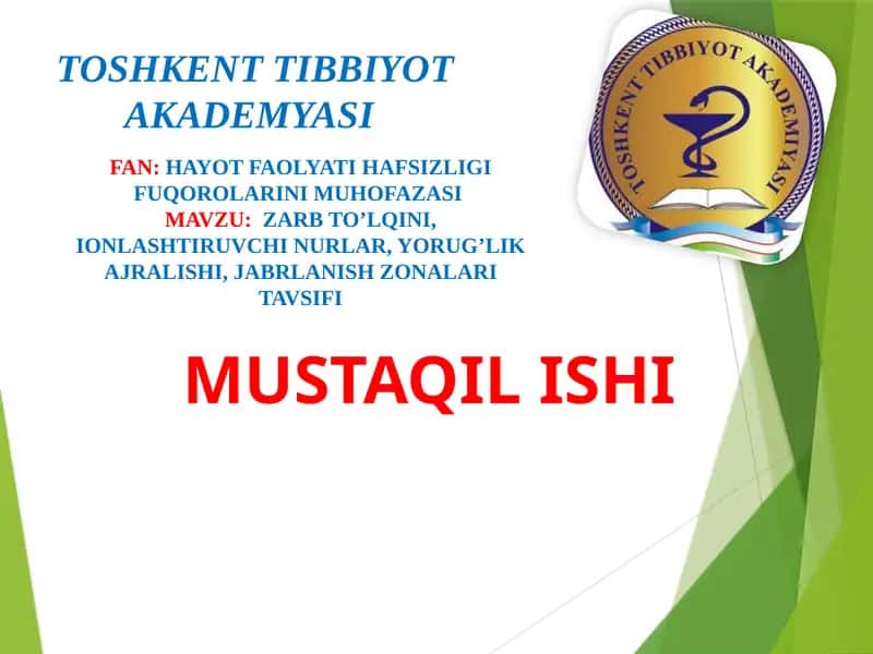 ZARB TO’LQINI, IONLASHTIRUVCHI NURLAR, YORUG’LIK AJRALISHI, JABRLANISH ZONALARI TAVSIFI 1