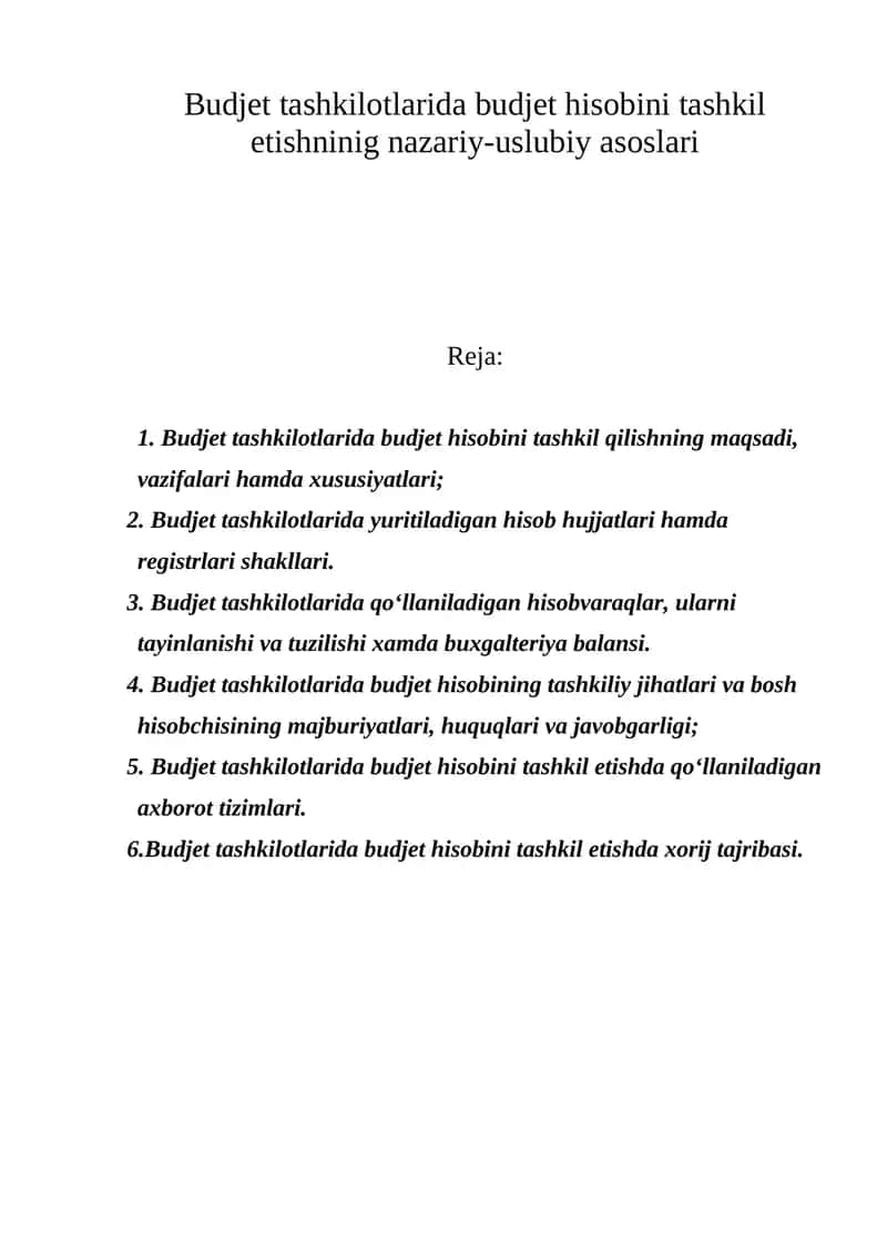 Budjet tashkilotlarida budjet hisobini tashkil etishninig nazariy-uslubiy asoslari 1