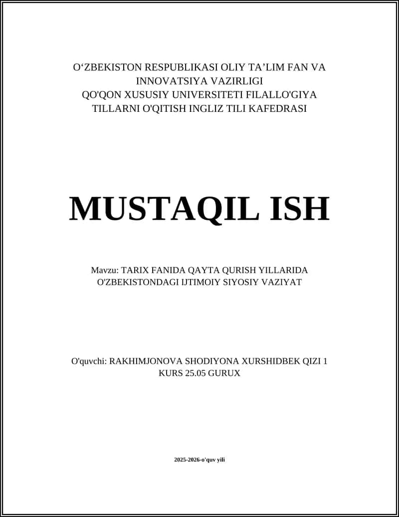 TARIX FANIDA QAYTA QURISH YILLARIDA O'ZBEKISTONDAGI IJTIMOIY SIYOSIY VAZIYAT 1