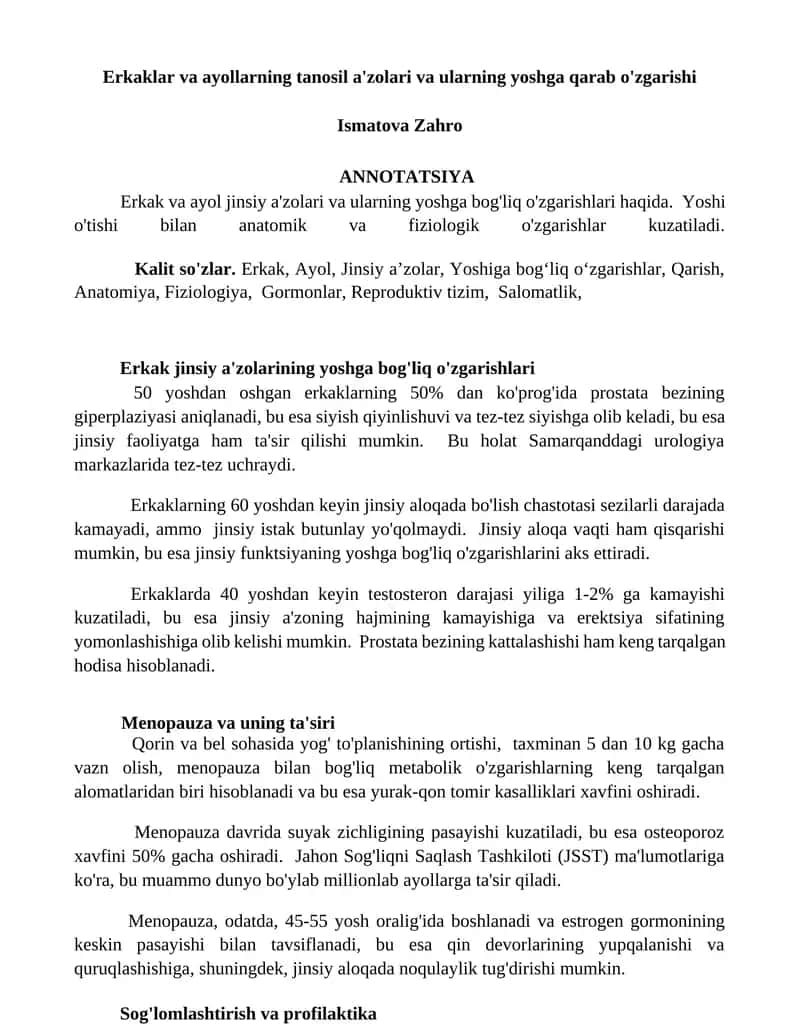 Erkaklar va ayollarning tanosil a'zolari va ularning yoshga qarab o'zgarishi 1