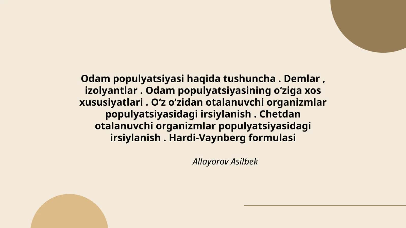Odam populyatsiyasi haqida tushuncha. Demlar, izolyantlar 1