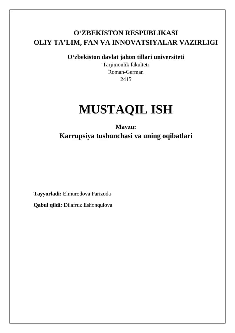 Mavzu: Karrupsiya tushunchasi va uning oqibatlari 1
