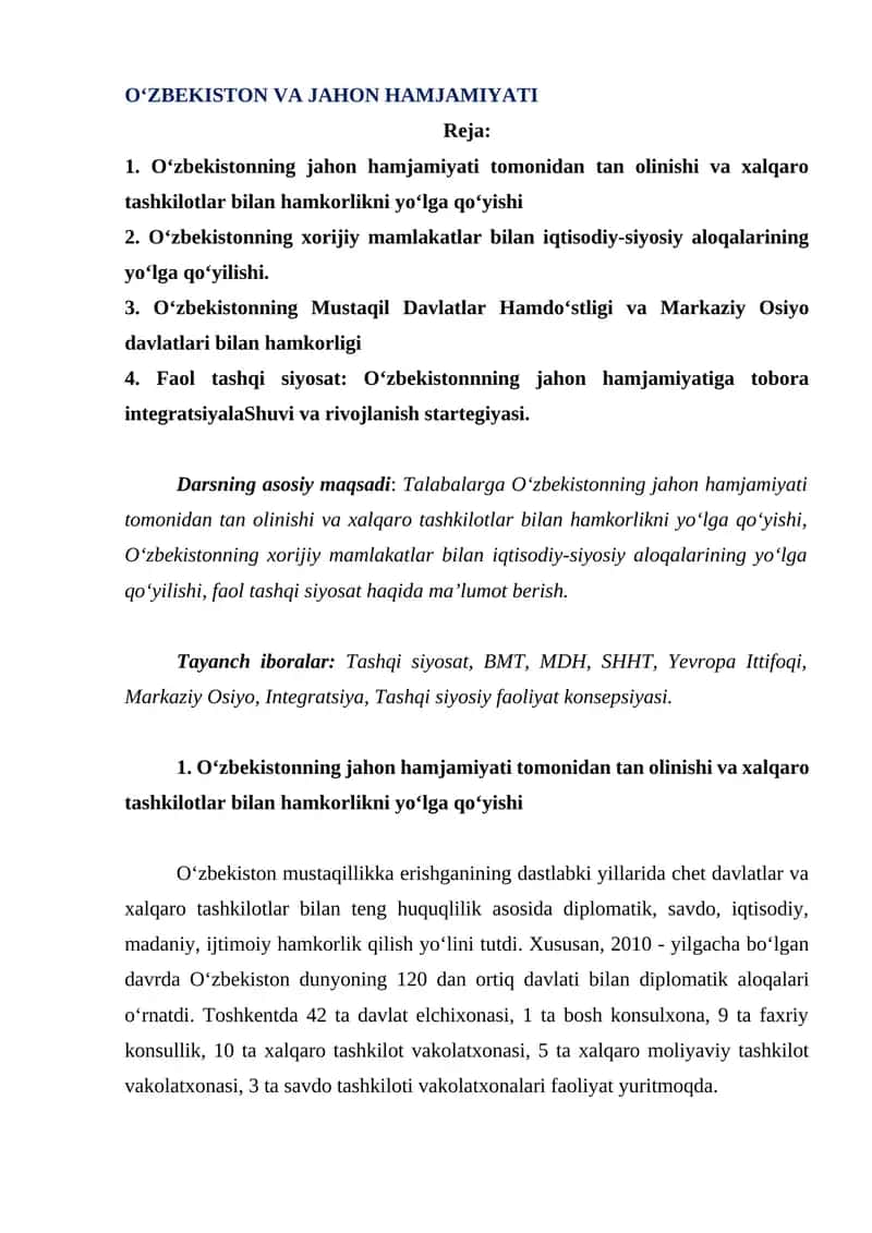 O‘ZBEKISTON VA JAHON HAMJAMIYATI 1