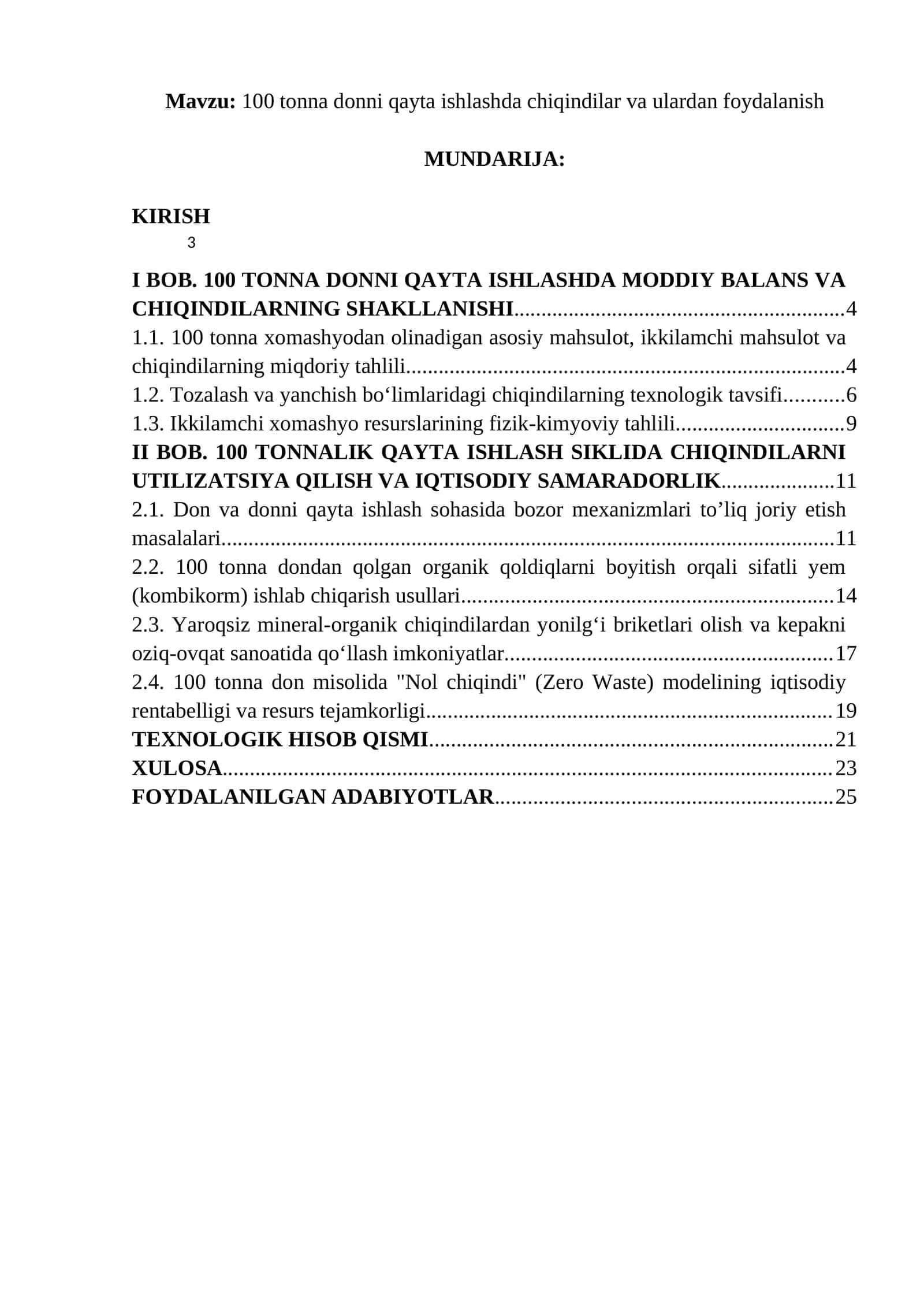 100 tonna donni qayta ishlashda chiqindilar va ulardan foydalanish 1