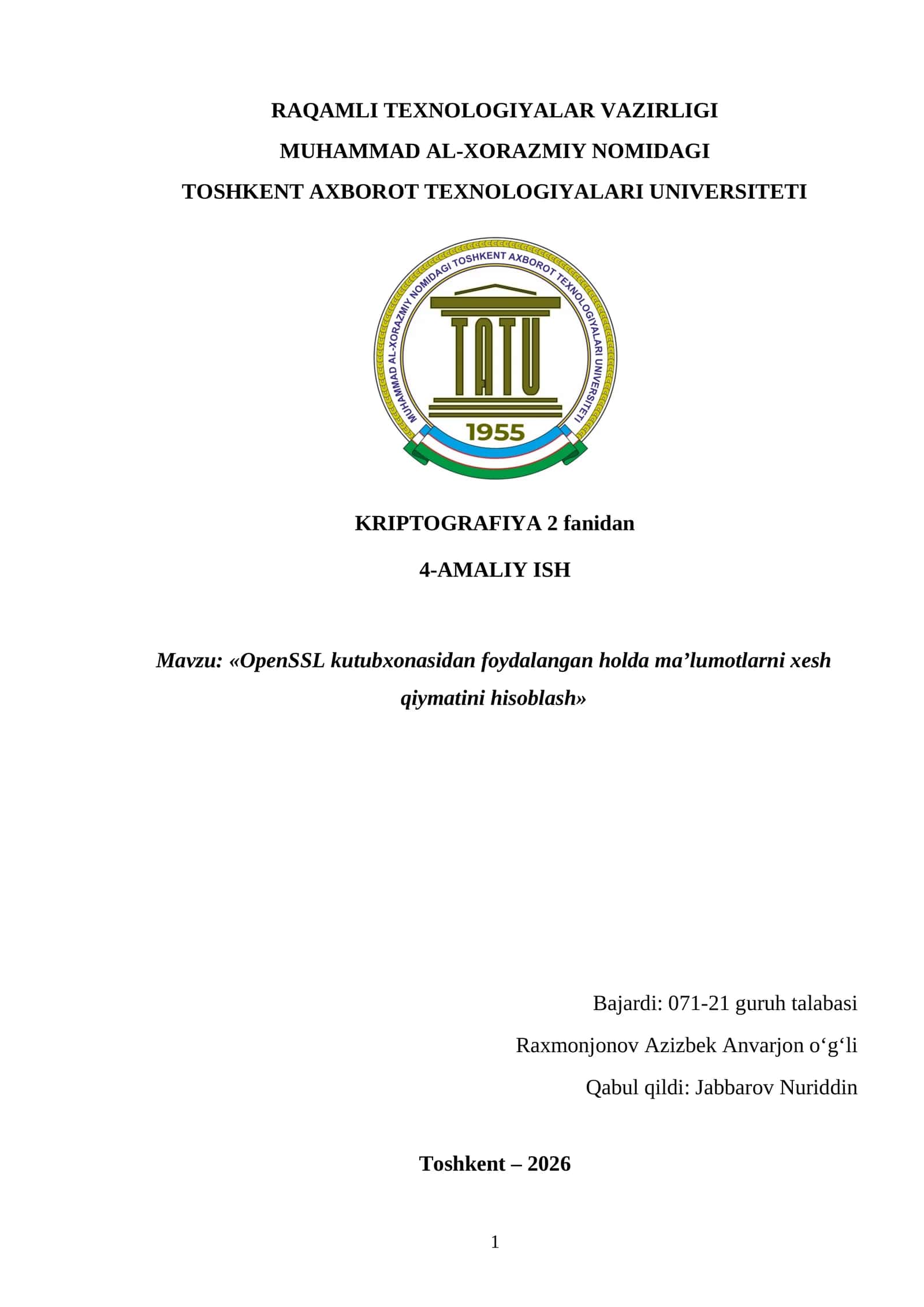 OpenSSL kutubxonasidan foydalangan holda ma’lumotlarni xesh qiymatini hisoblash 1