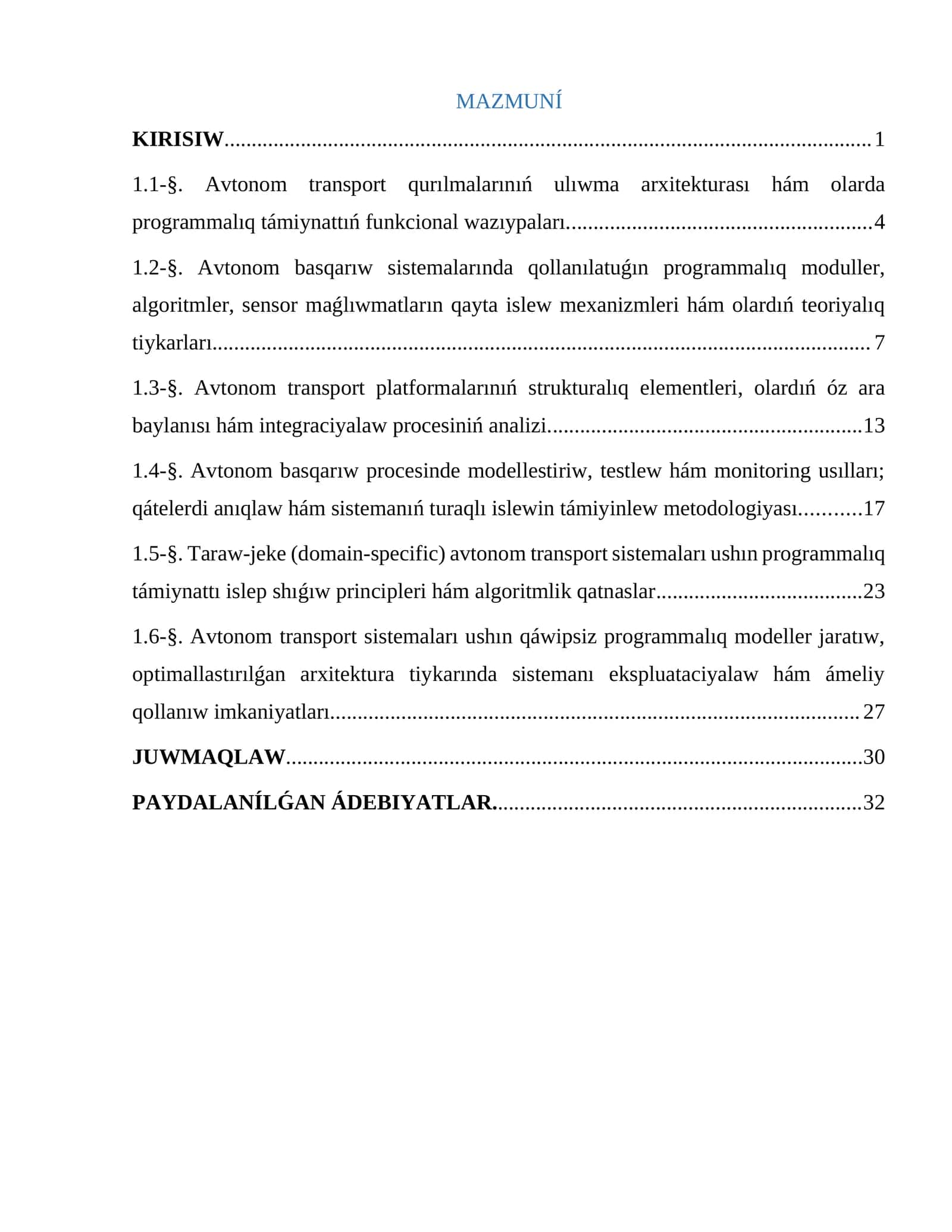 Avtonom transport qurılmalarınıń ulıwma arxitekturası hám olarda programmalıq támiynattıń funkcional wazıypaları 1