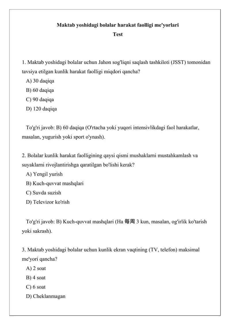 Maktab yoshidagi bolalar harakat faolligi me'yorlari test 1