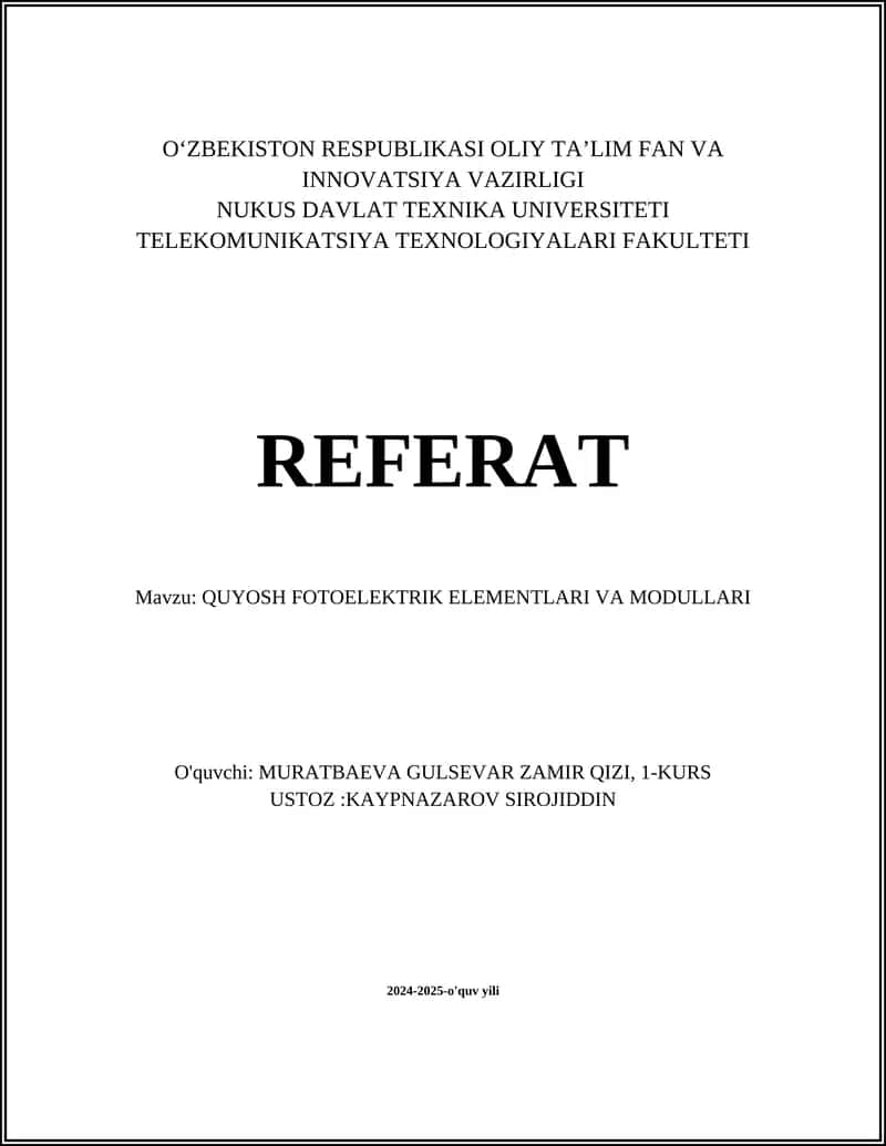 QUYOSH FOTOELEKTRIK ELEMENTLARI VA MODULLARI 1