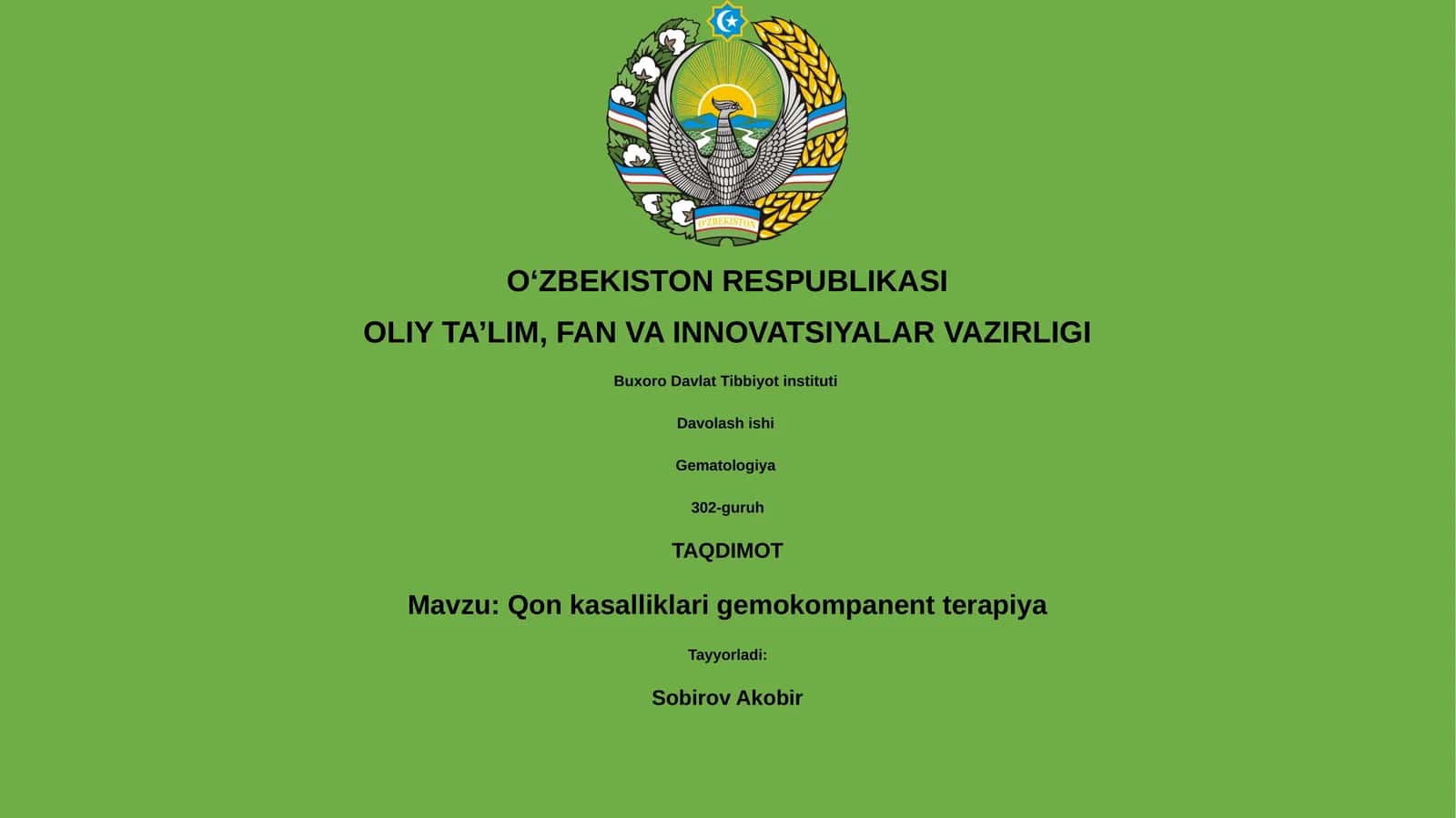 Qon kasalliklari gemokompanent terapiya 1