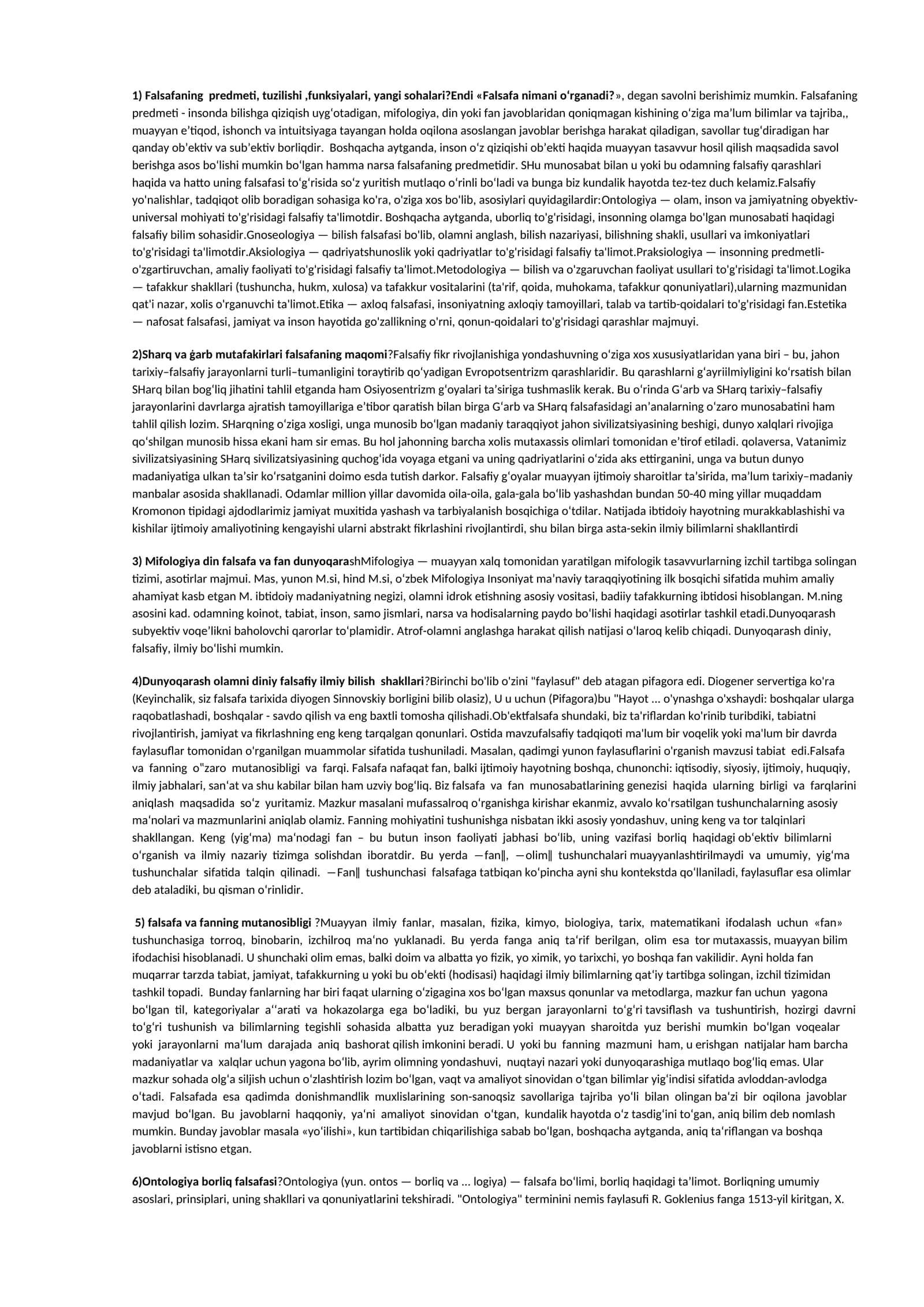 Falsafaning predmeti, tuzilishi, funksiyalari, yangi sohalari? 1