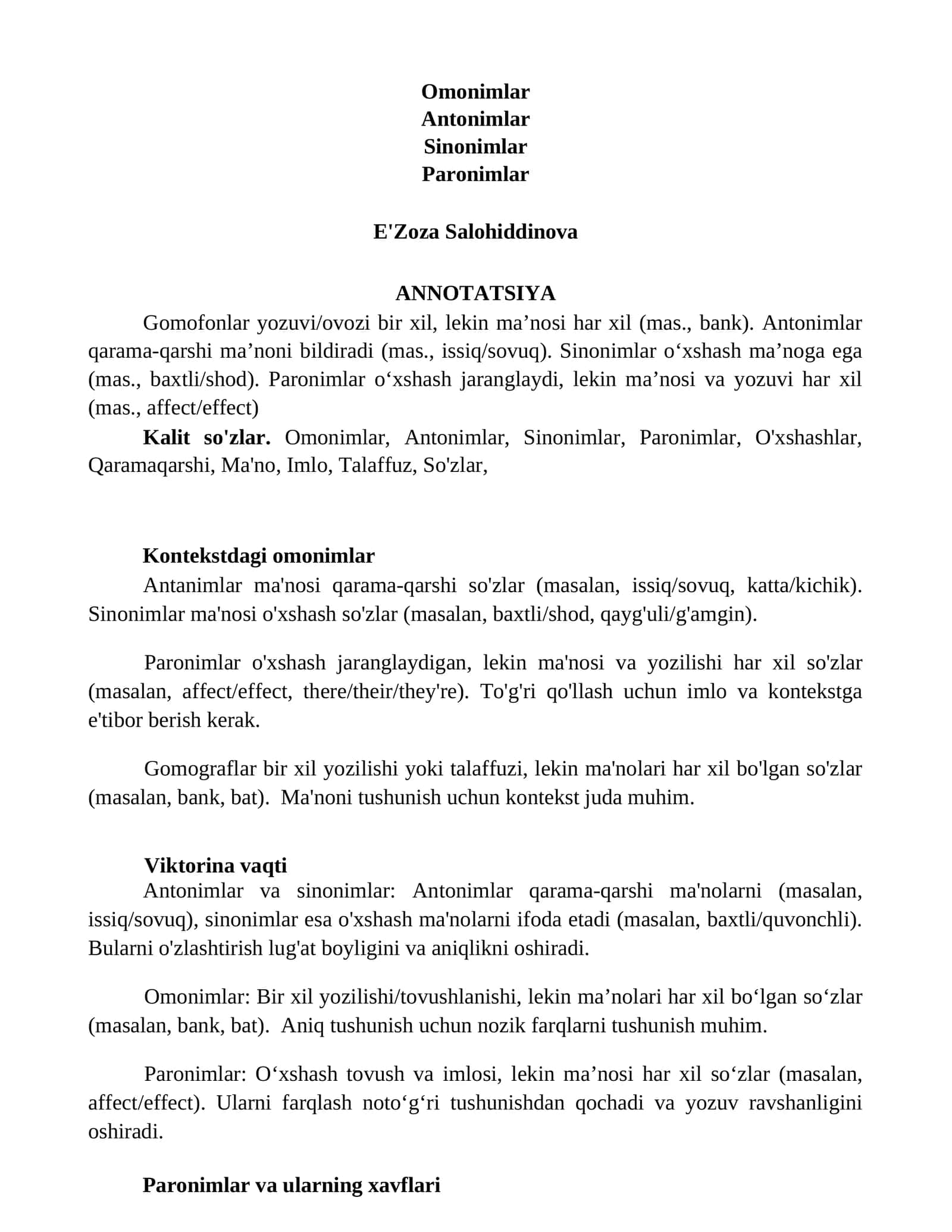 Kalit so'zlar. Omonimlar, Antonimlar, Sinonimlar, Paronimlar, O'xshashlar, Qaramaqarshi, Ma'no, Imlo, Talaffuz, So'zlar 1