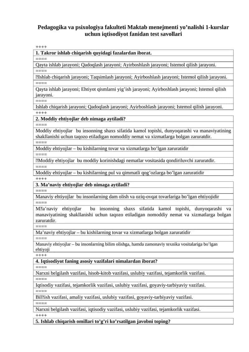 Maktab menejmenti yo’nalishi 1-kurslar uchun iqtisodiyot fanidan test savollari 1