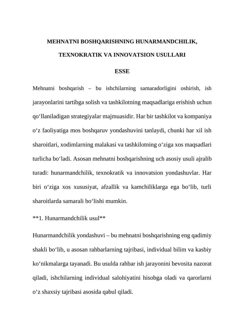 MEHNATNI BOSHQARISHNING HUNARMANDCHILIK, TEXNOKRATIK VA INNOVATSION USULLARI 1