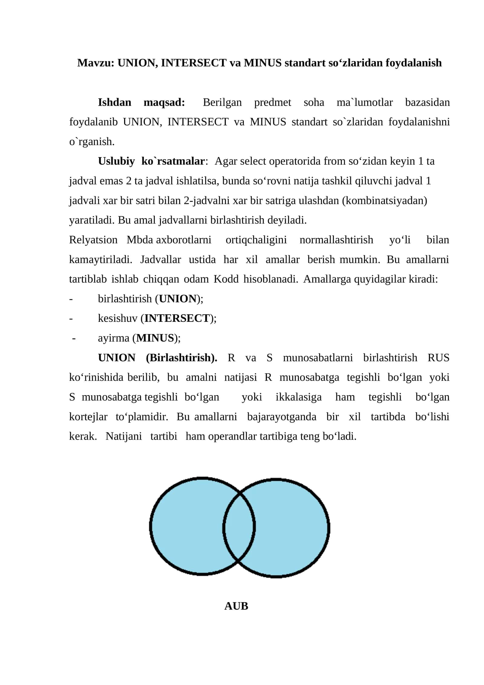 UNION, INTERSECT va MINUS standart so‘zlaridan foydalanish 1