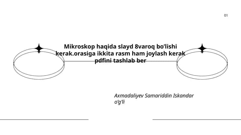 Mikroskop haqida slayd 8varoq bo’lishi kerak.orasiga ikkita rasm ham joylash kerak pdfini tashlab ber 1