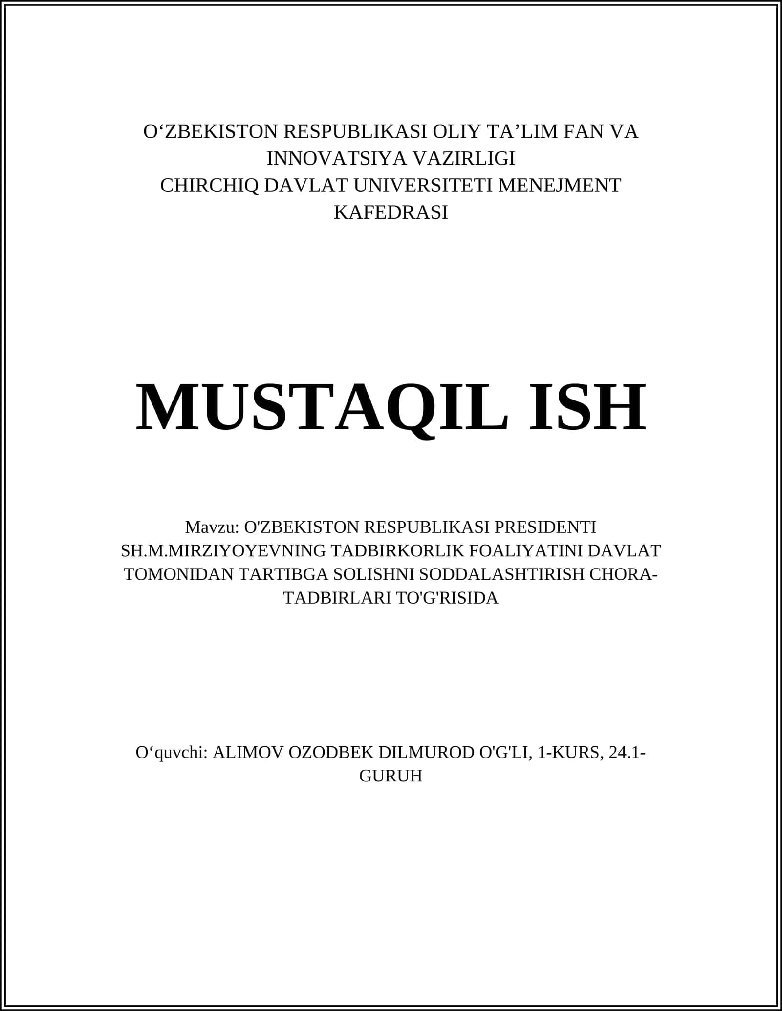 O'ZBEKISTON RESPUBLIKASI PRESIDENTI SH.M.MIRZIYOYEVNING TADBIRKORLIK FOALIYATINI DAVLAT TOMONIDAN TARTIBGA SOLISHNI SODDALASHTIRISH CHORA-TADBIRLARI TO'G'RISIDA 1
