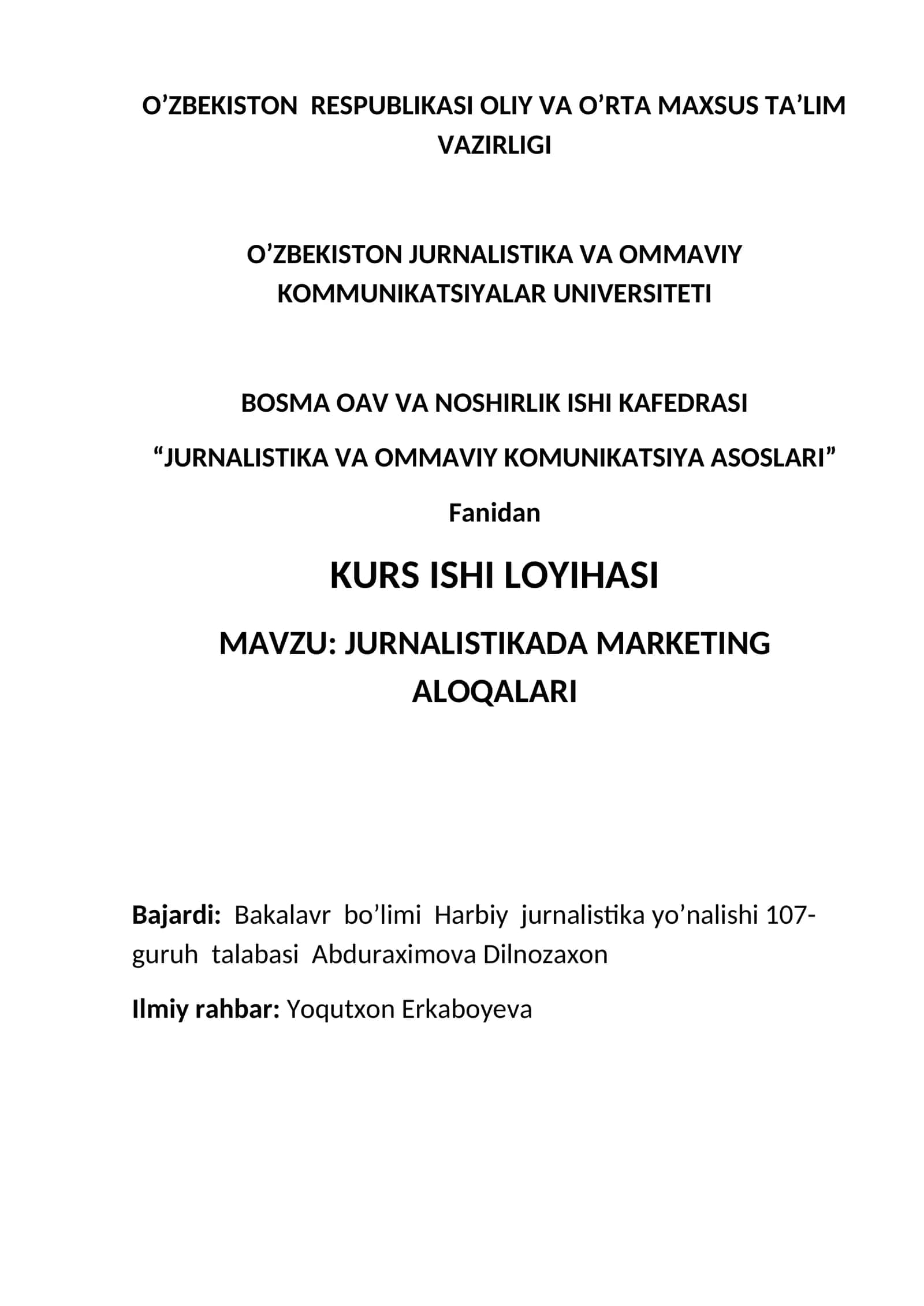 JURNALISTIKA VA OMMAVIY KOMUNIKATSIYA ASOSLARI - MARKETING ALOQALARI 1