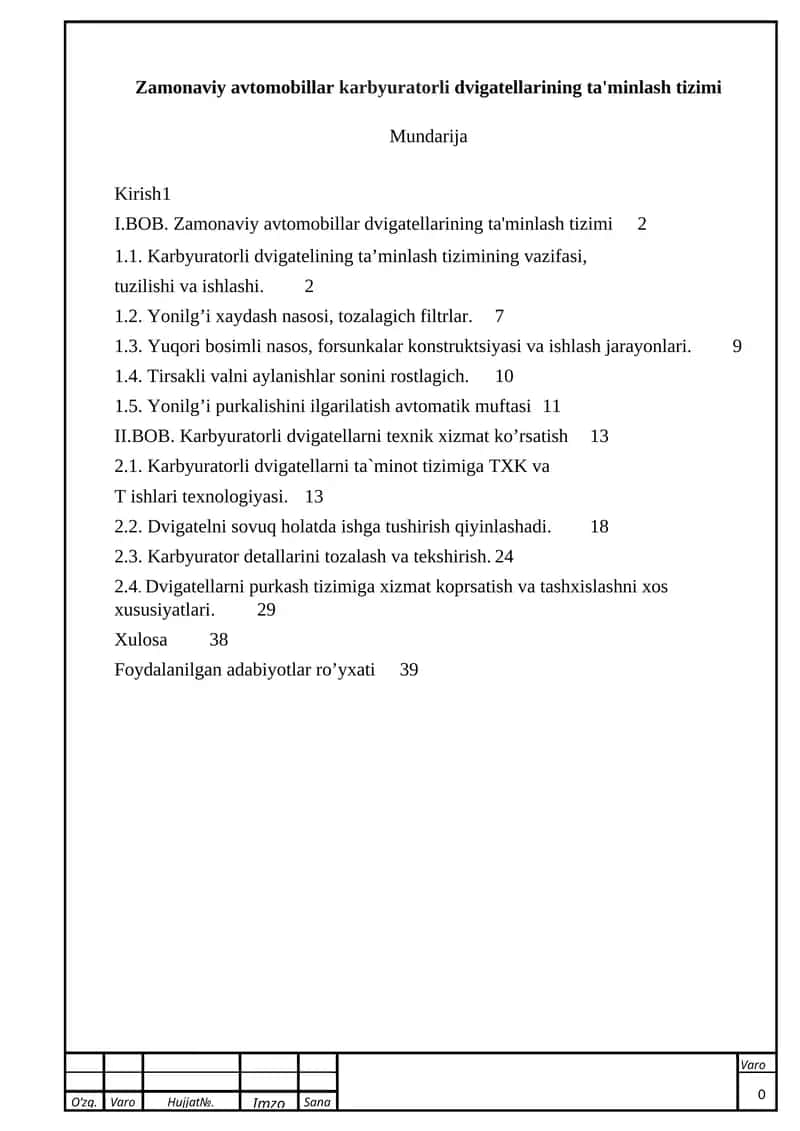 Zamonaviy avtomobillar karbyuratorli dvigatellarining ta'minlash tizimi 1